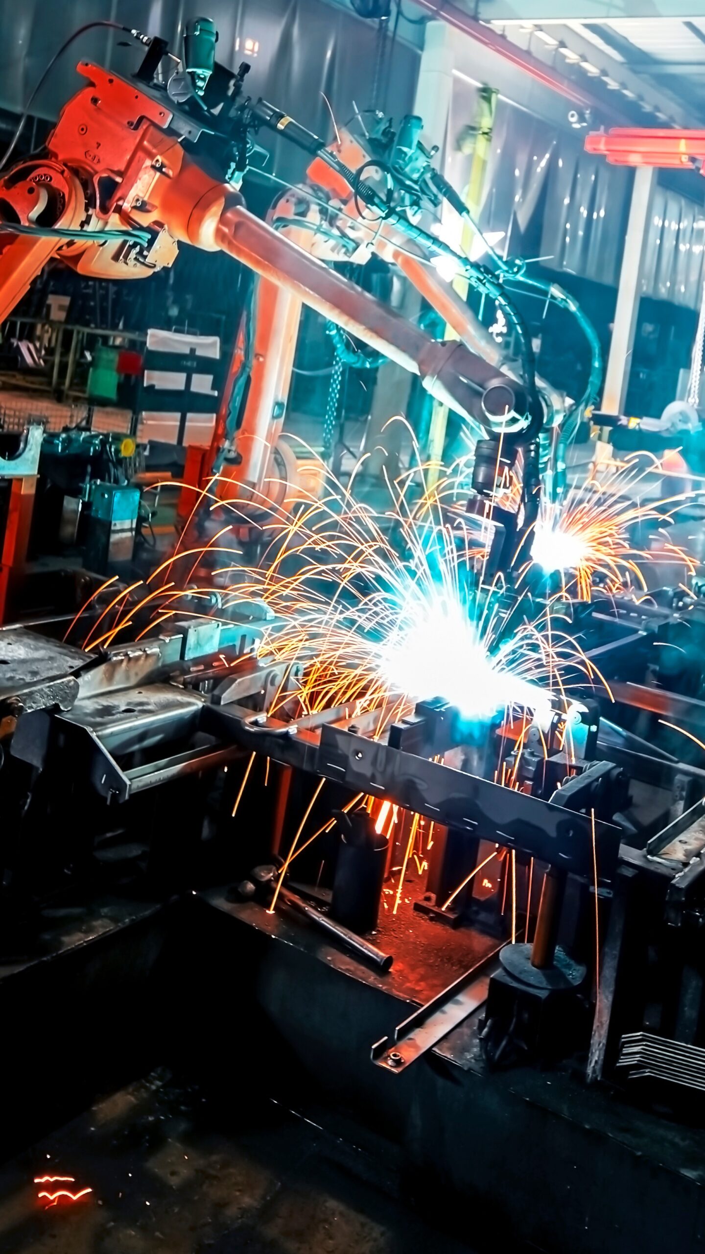 large factory robotic arms are spraying sparks to weld car frames